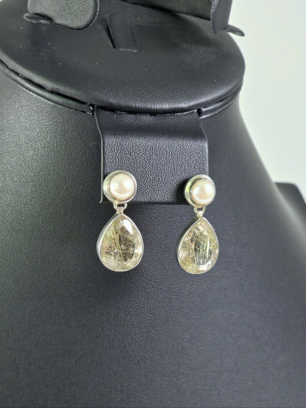 Vintage Gold Rutilated Quartz Earrings 925 Sterling Gemstone Faux Pearl Dangly